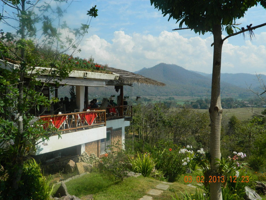 Coffee in Love - view of the restaurant and Pai valley beyond from the gardens.